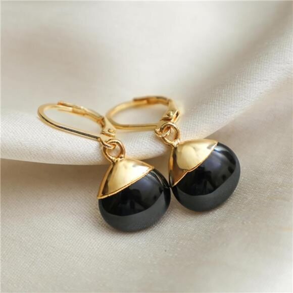 Black Obsidian Gemstone Earrings | Gold Plated Leverback Drops - Picture 6 of 6